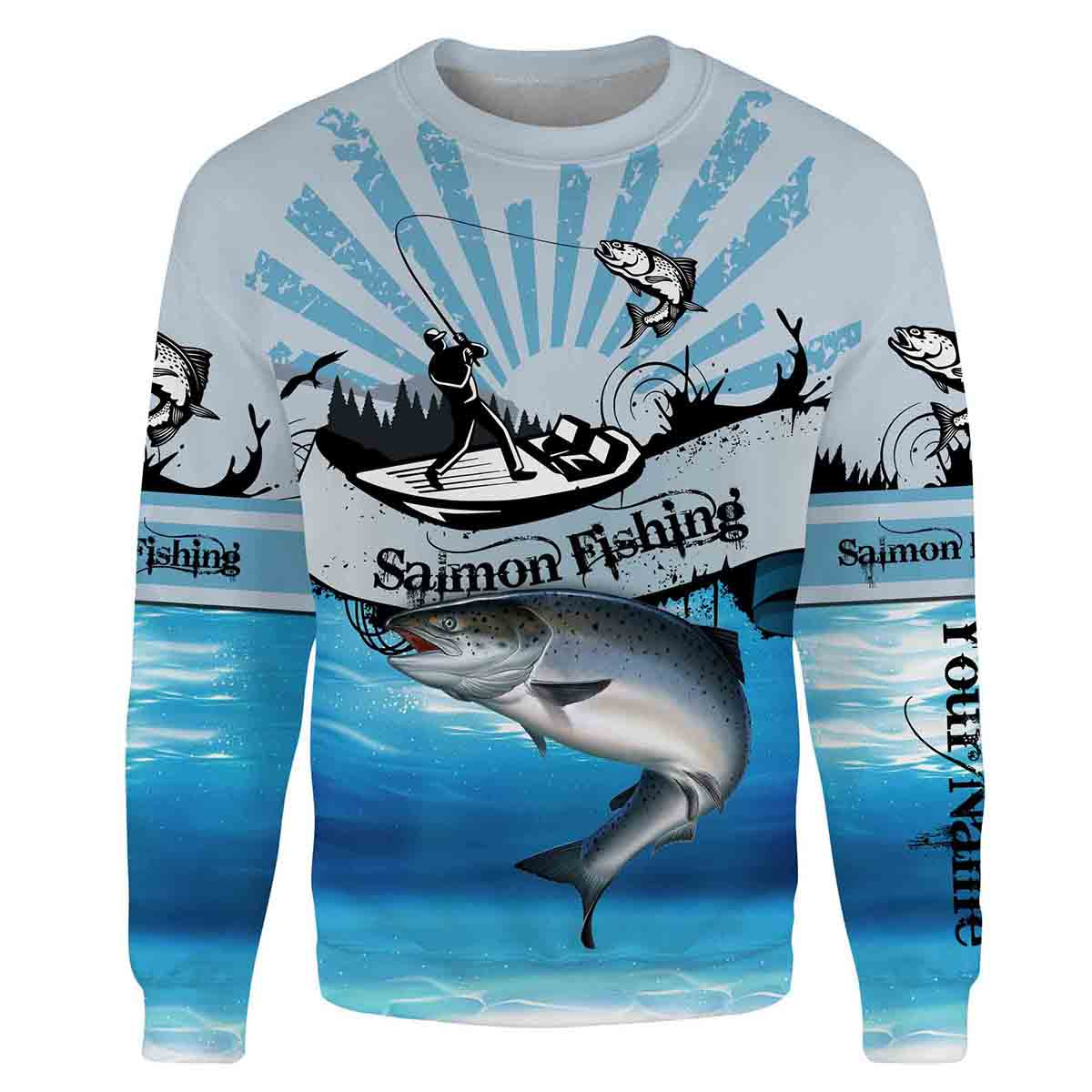 Salmon fishing blue jerseys Custom Name 3D All Over Printed Shirts, fishing tournament Sweatshirt NPQ577