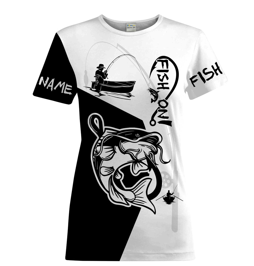 Black and white Catfish Fish On Customize Name UV protection quick dry UPF 30+ fishing t shirts for women NPQ106