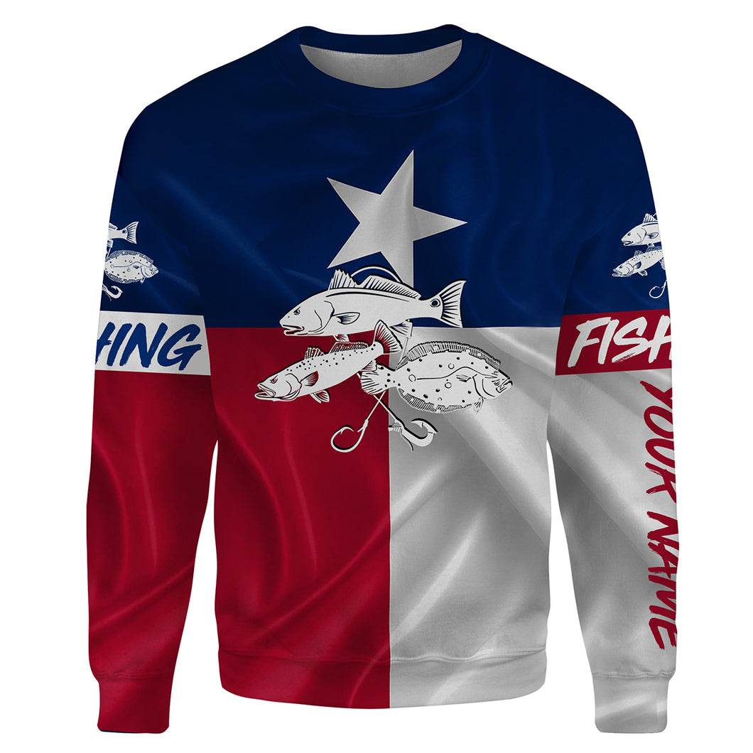 Redfish trout flounder Texas Slam fishing Texas Flag Customize name 3D All-over Print Crew Neck Sweatshirt, personalized fishing shirt NPQ3