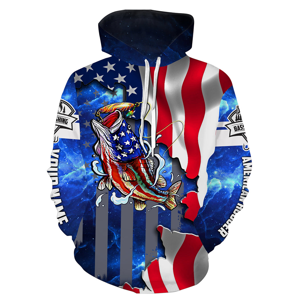 Bass Fishing American Flag patriotic American hooker Customize name 3D All Over Printed fishing hoodie NPQ212