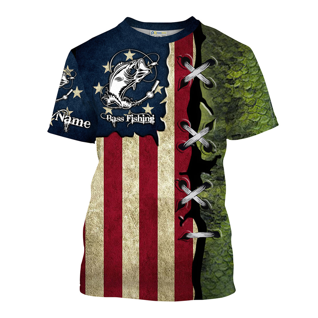 Bass Fishing American Flag patriotic Customize Name All-over Print Unisex fishing T-shirt NPQ89