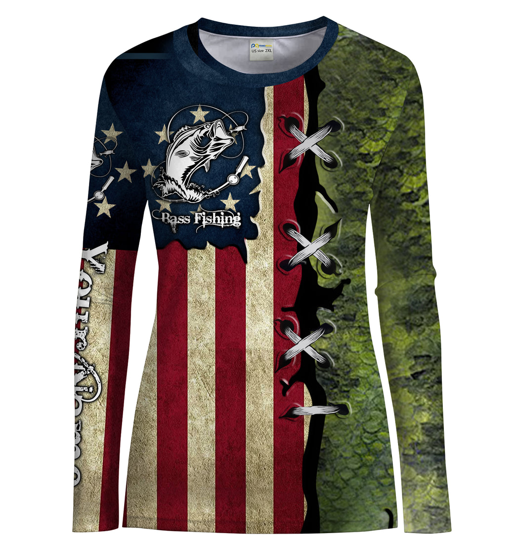 Bass Fishing American Flag patriotic Customize Name UV protection UPF 30+ long sleeves fishing shirt for women NPQ89