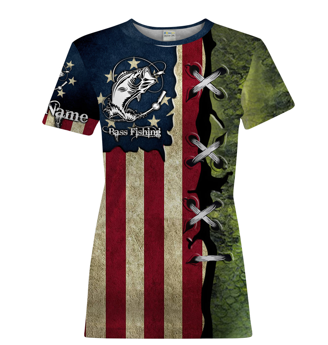 Bass Fishing American Flag patriotic Customize Name UV protection quick dry UPF 30+ fishing t shirts for women NPQ89