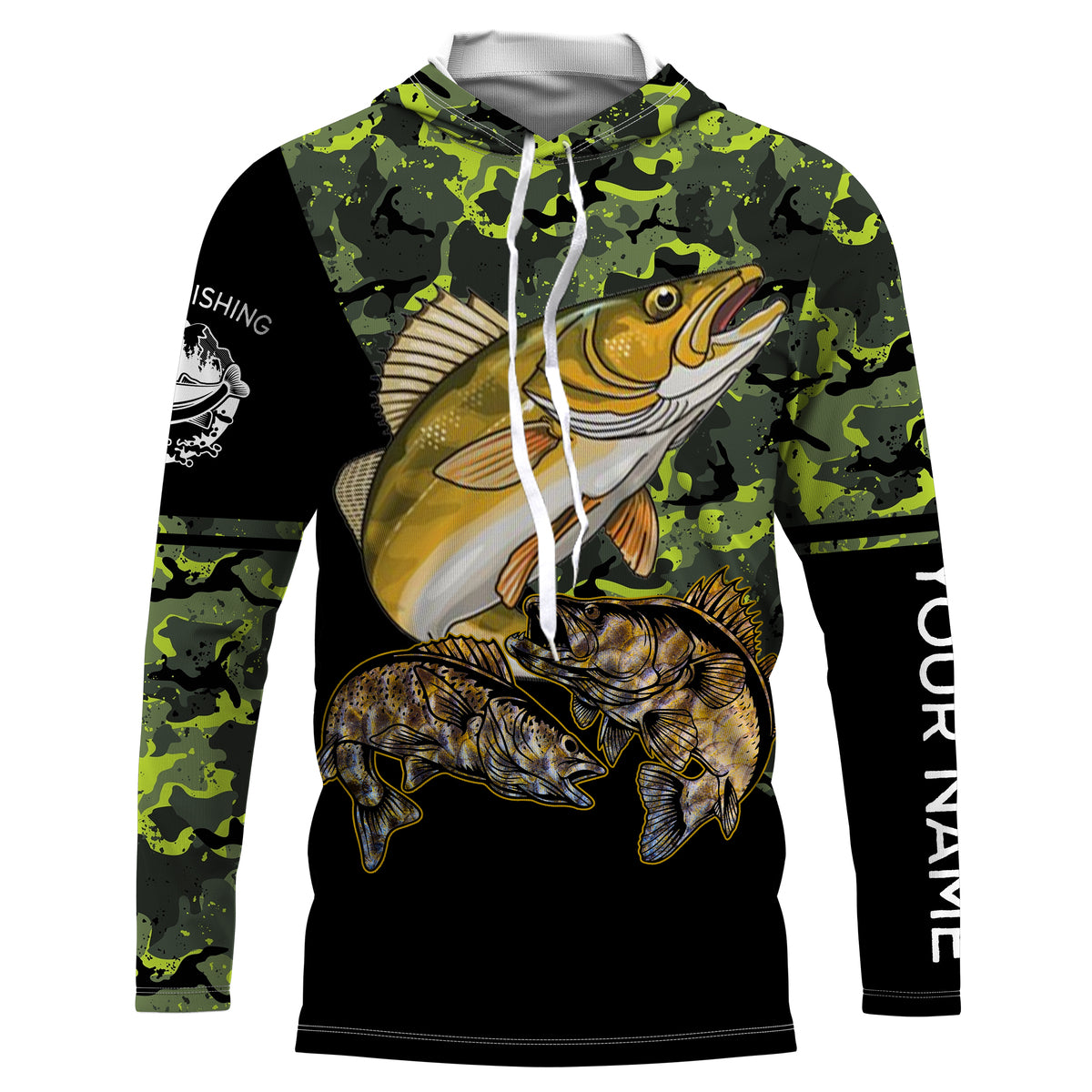 Walleye fishing black green camo Custom name Long sleeve, Long Sleeve Hooded NPQ945