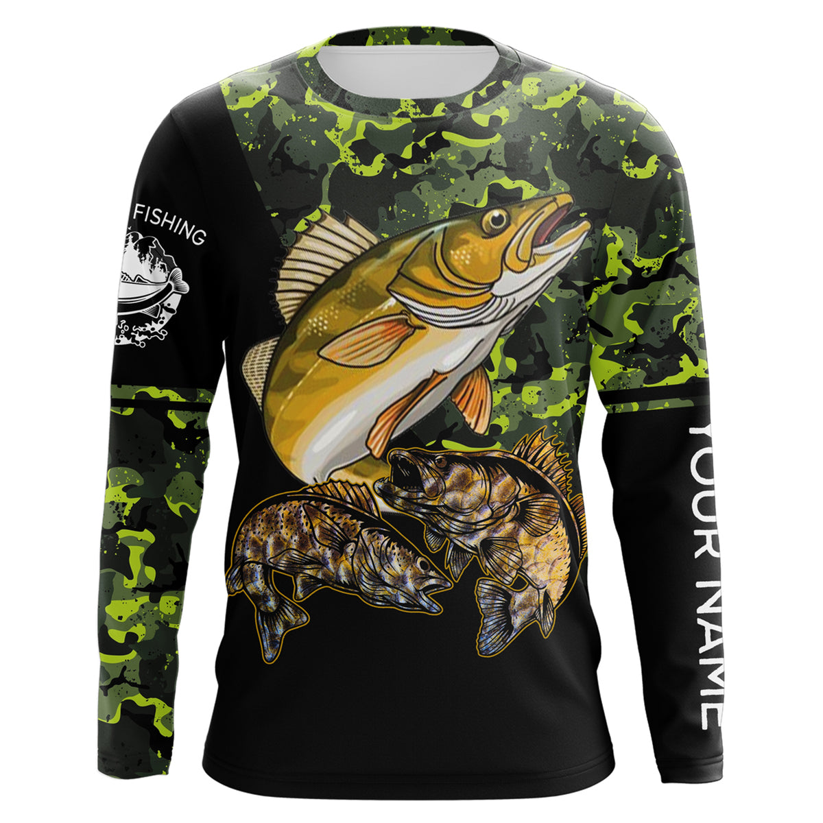 Walleye fishing black green camo Custom name Long sleeve, Long Sleeve Hooded NPQ945