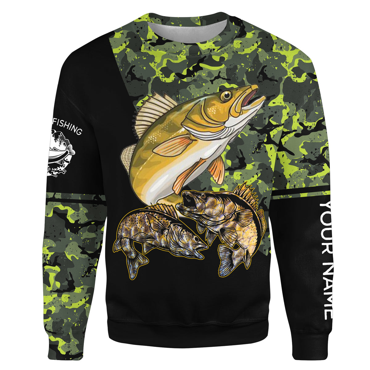 Walleye fishing black green camo Custom name fishing shirts jerseys | Sweatshirt - NPQ945