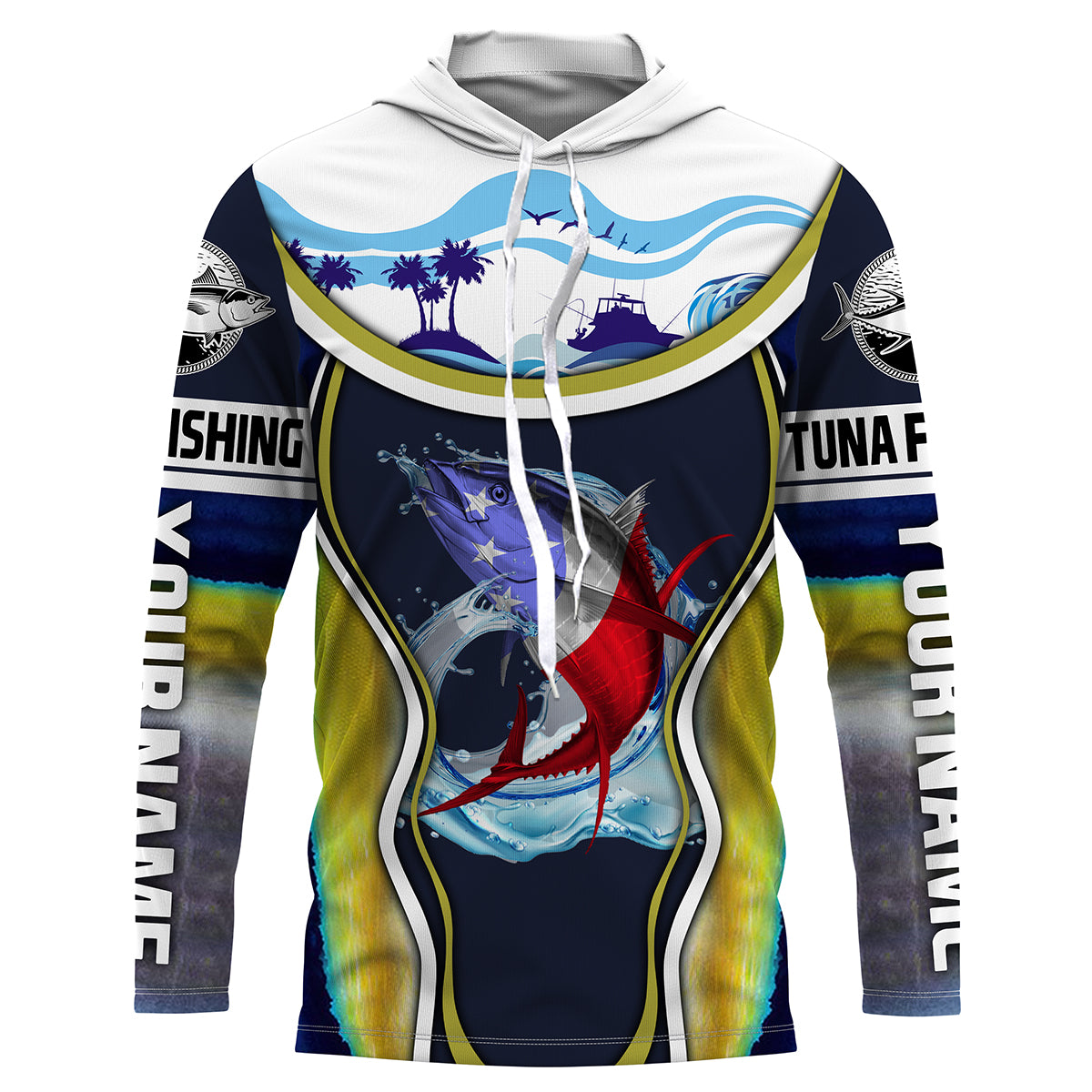 Tuna fishing American flag patriotic tuna scales Custom Name Long sleeve, Long Sleeve Hooded NPQ684