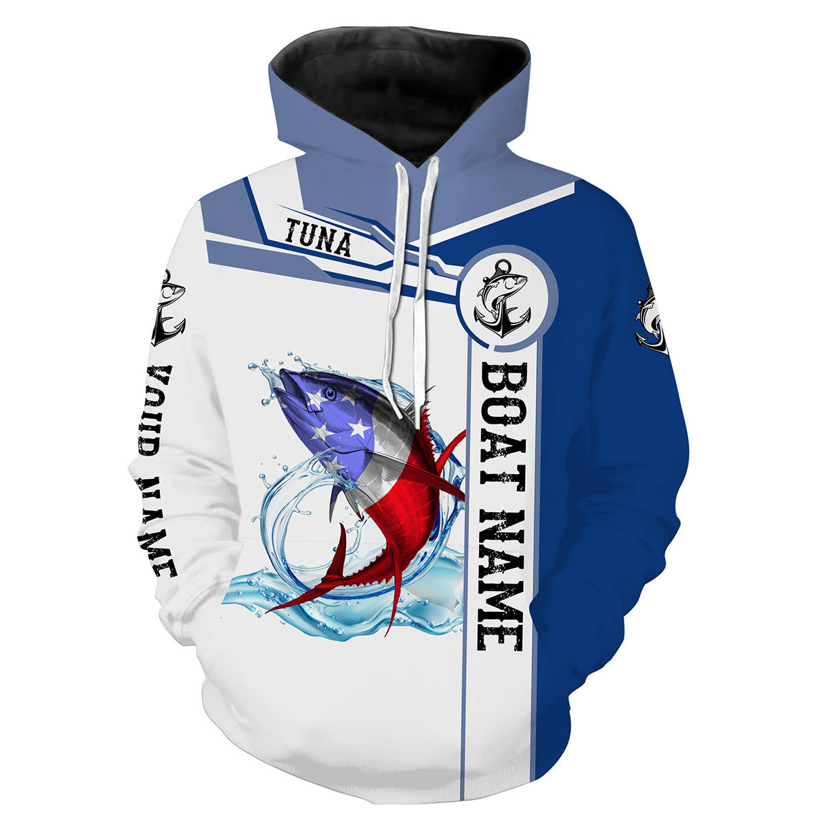 Tuna Fishing American Flag Customize name and boat name tournament fishing hoodie, personalized fishing gift NPQ330