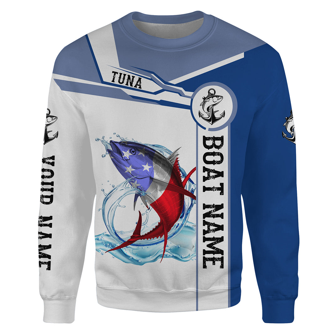 Tuna Fishing American Flag Customize name and boat name tournament All-over Print Crew Neck Sweatshirt, personalized fishing gift NPQ330