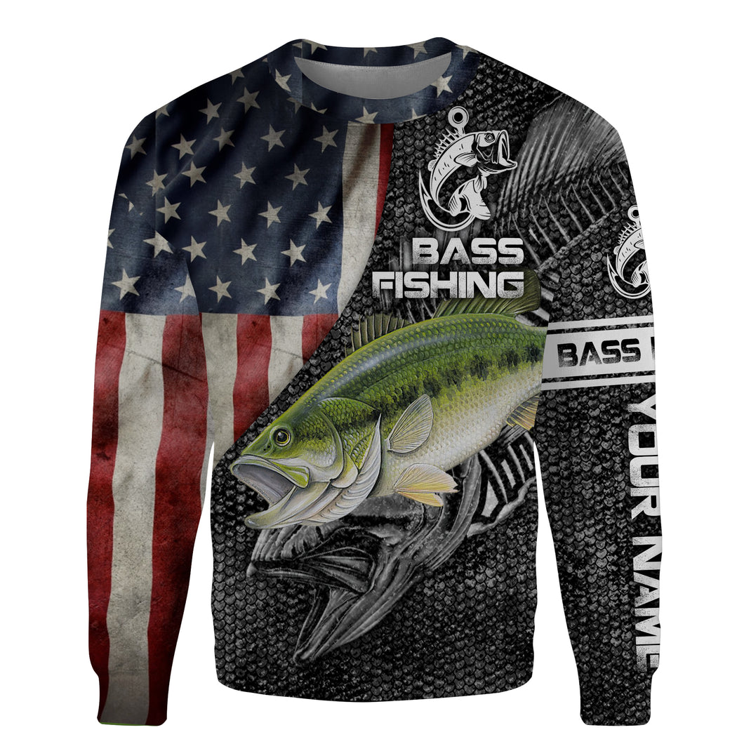 Largemouth Bass fishing American flag fishing shirts Customize name 3D All-over Print Crew Neck Sweatshirt,personalized Fishing gift NPQ266