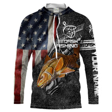 Load image into Gallery viewer, Bull Redfish American flag patriotic Customize Name UV protection quick dry UPF 30+ long sleeves fishing shirt for men NPQ59

