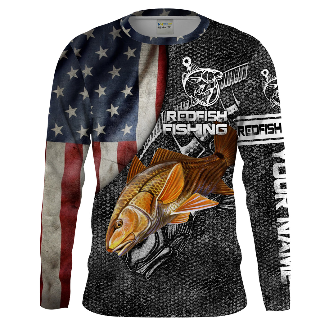 Bull Redfish American flag patriotic Customize Name UV protection quick dry UPF 30+ long sleeves fishing shirt for men NPQ59