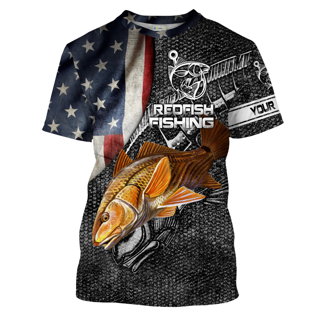 Bull Redfish American flag patriotic Customize Name All-over Print Unisex fishing T-shirt NPQ59