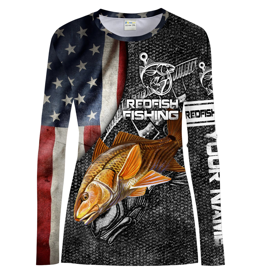 Bull Redfish American flag patriotic Customize Name UV protection quick dry UPF 30+ long sleeves fishing shirt for women NPQ59