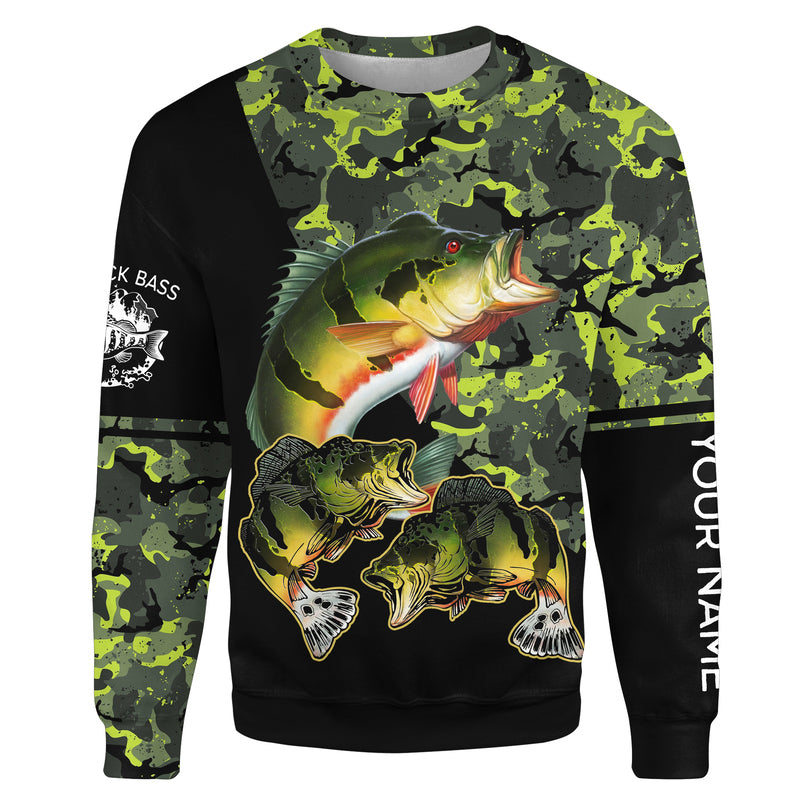 Peacock Bass fishing black green camo Custom name fishing shirts jerseys | Sweatshirt - NPQ956