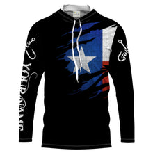 Load image into Gallery viewer, TX fishing fish on black Texas flag Customize Name UV protection quick dry UPF 30+ long sleeves fishing shirt for men NPQ73
