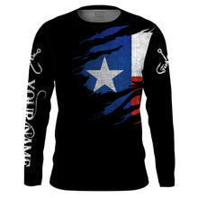 Load image into Gallery viewer, TX fishing fish on black Texas flag Customize Name UV protection quick dry UPF 30+ long sleeves fishing shirt for men NPQ73
