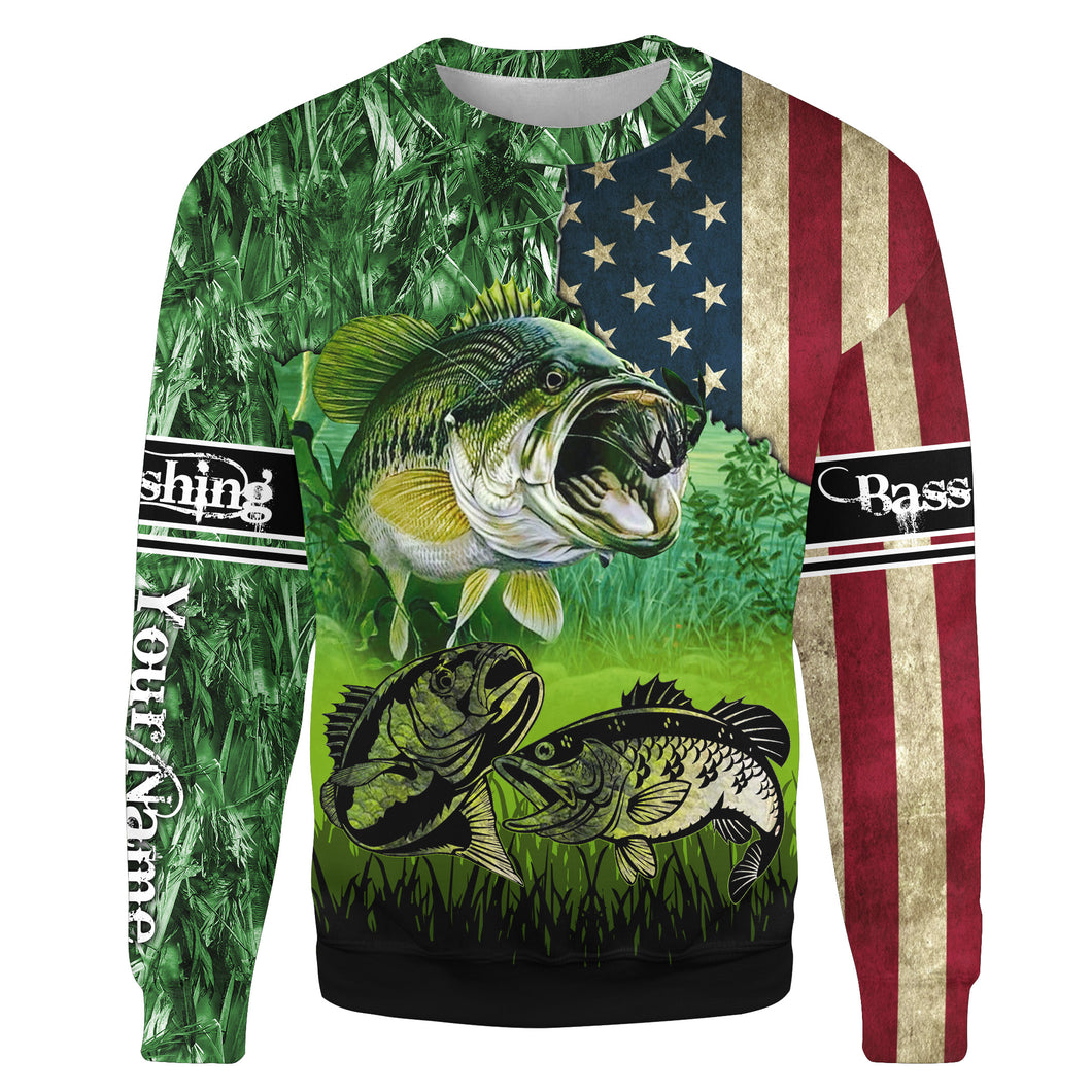 Largemouth bass fishing jerseys American flag Customize name All-over Print Crew Neck Sweatshirt, gift for fisherman NPQ441