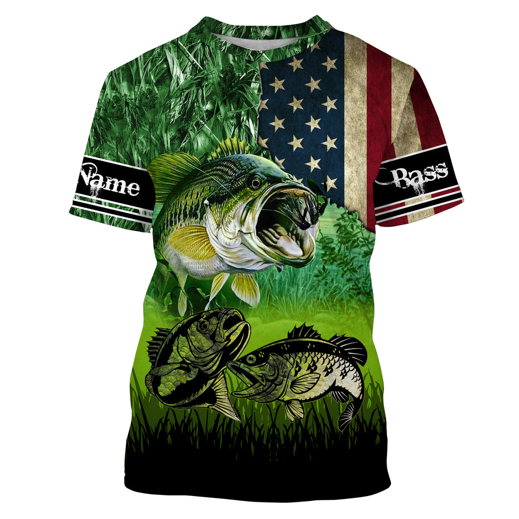 Largemouth bass fishing jerseys American flag Customize Name All-over Print Unisex fishing T-shirt, gift for fisherman NPQ441