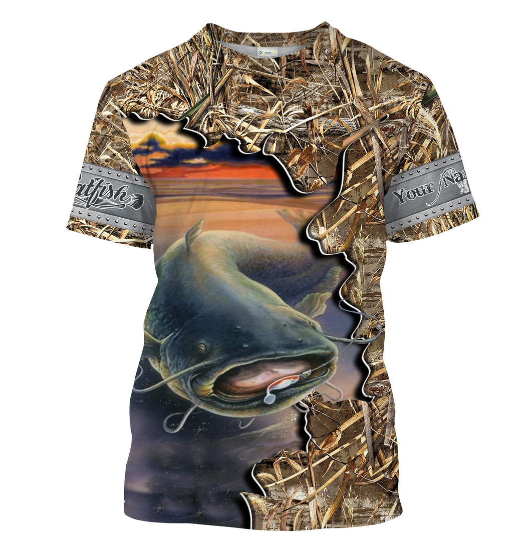 Catfish fishing Camo Customize Name All-over Print Unisex fishing T-shirt NPQ104