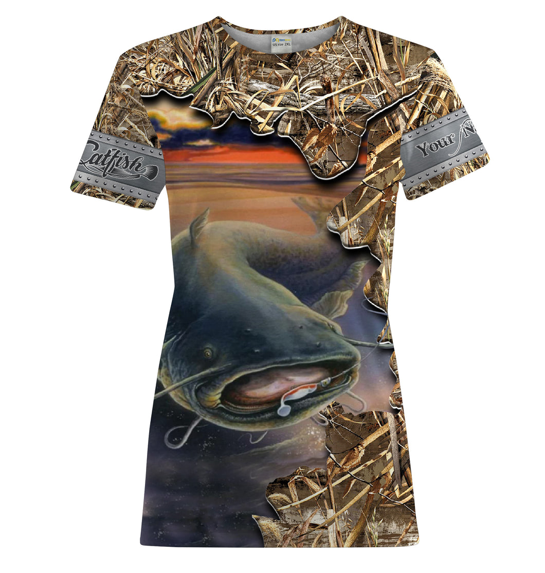 Catfish fishing Camo Customize Name UV protection quick dry UPF 30+ fishing t shirts for women NPQ104
