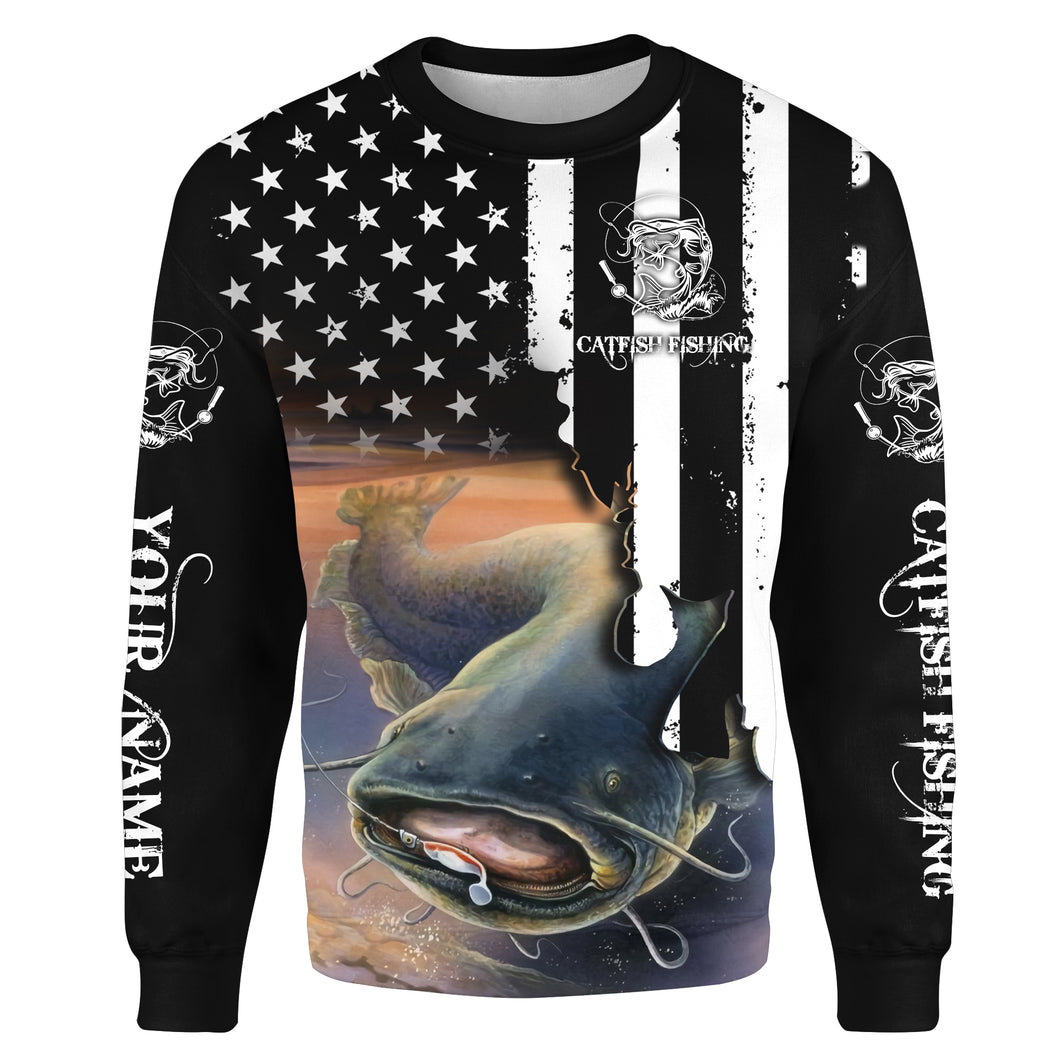 Catfish fishing shirt black and white US flag Customize name 3D All-over Print Crew Neck Sweatshirt, personalized fishing gift ideas NPQ223