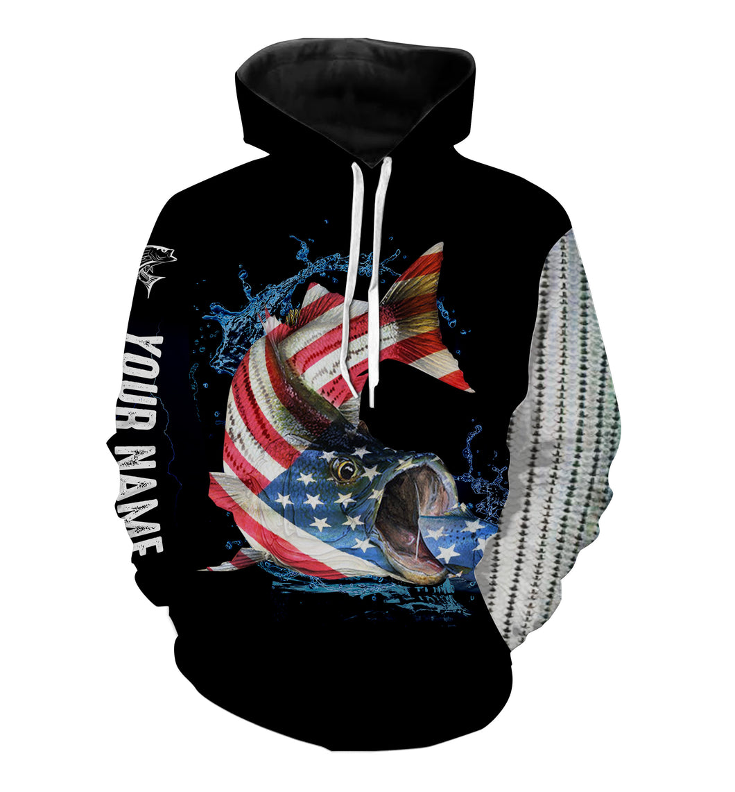 Striped bass fishing American flag patriotic fishing Customize name 3D All Over Printed fishing hoodie, gift for fishing lovers NPQ336