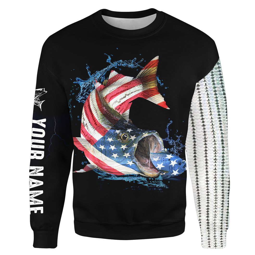 Striped bass fishing American flag patriotic fishing Customize name All-over Print Crew Neck Sweatshirt, gift for fishing lovers NPQ336
