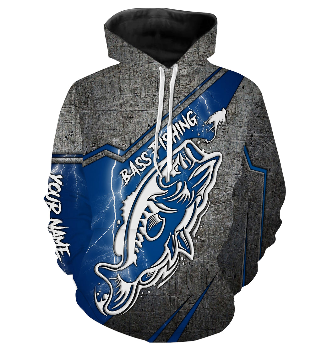 Largemouth bass fishing tattoo blue lightning fishing jerseys Customize name 3D All Over Printed fishing hoodie NPQ507