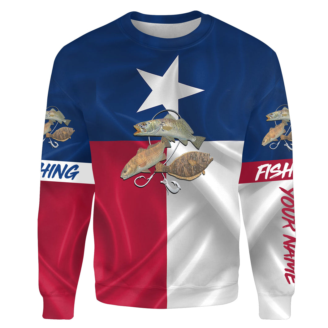 Redfish, Speckled Trout, Flounder Texas Slam fishing Texas Flag Customize name 3D All-over Print Crew Neck Sweatshirt NPQ190