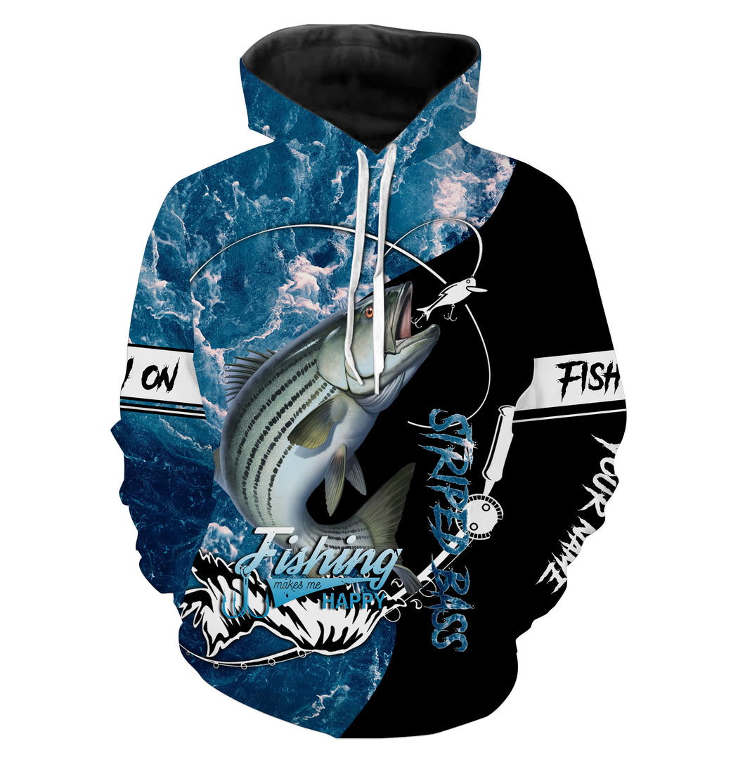 Striped Bass fishing makes me happy blue ocean camouflage fishing clothing Customize name 3D All Over Printed fishing hoodie NPQ463