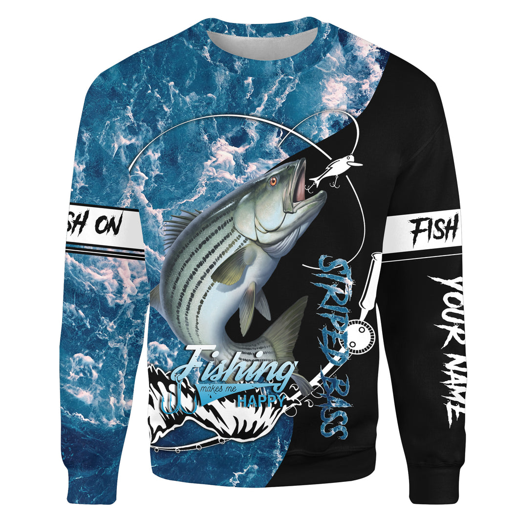 Striped Bass fishing makes me happy blue ocean camouflage fishing clothing Customize name All-over Print Crew Neck Sweatshirt NPQ463