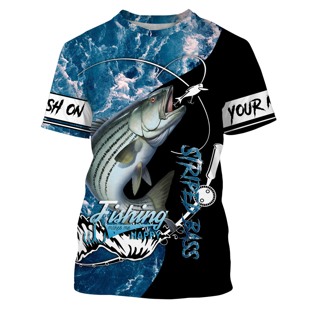 Striped Bass fishing makes me happy blue ocean camouflage fishing clothing Customize Name All-over Print Unisex fishing T-shirt NPQ463