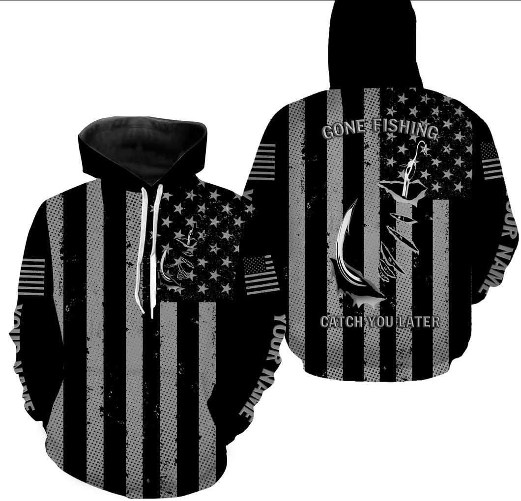 Gone fishing catch you later American flag Patriot fish hook Customize name 3D All Over Printed fishing hoodie NPQ398