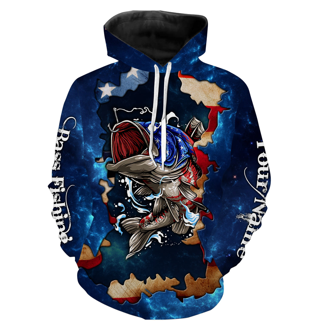 Bass Fishing American Flag patriotic Customize name 3D All Over Printed fishing hoodie NPQ467