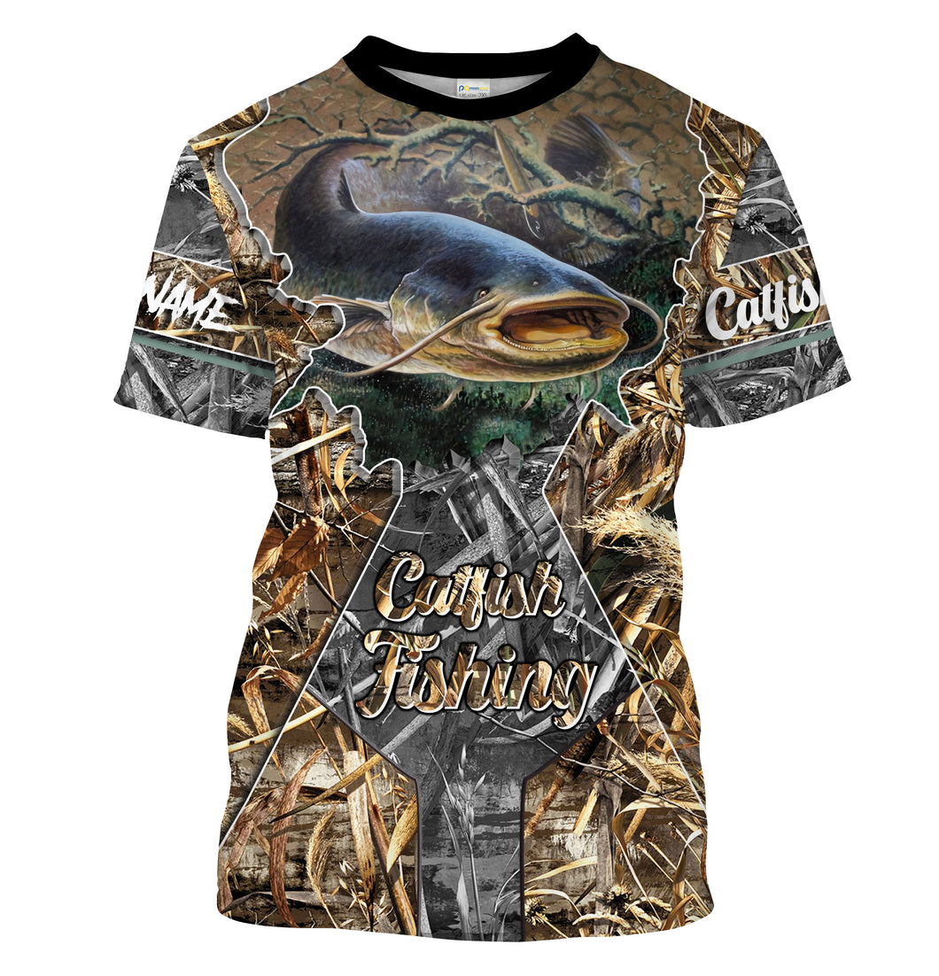 Catfish fishing gray Camo Customize Name All-over Print Unisex fishing T-shirt NPQ105