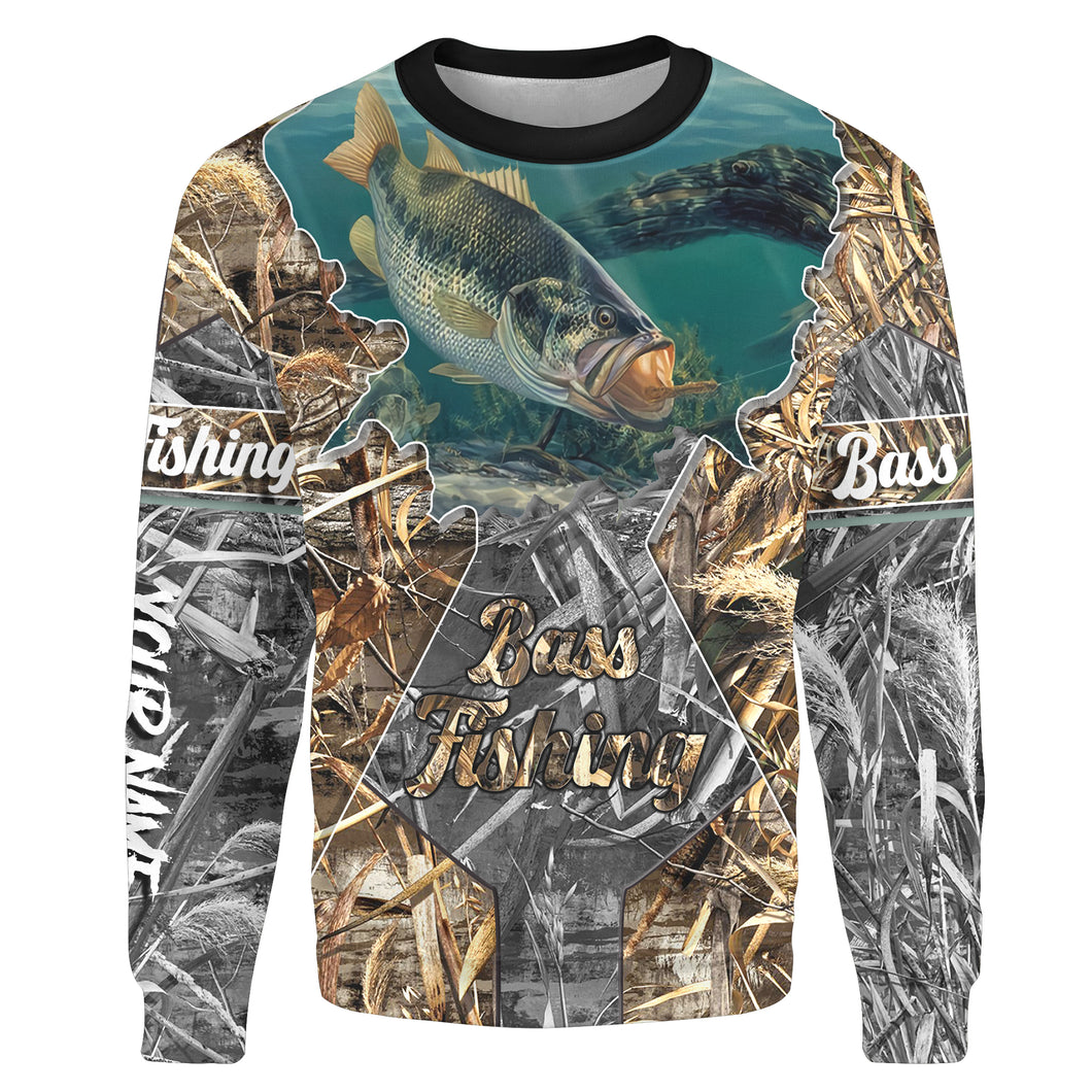 Largemouth Bass fishing camo All-over Print Crew Neck Sweatshirt Customize name fishing apparel NPQ204