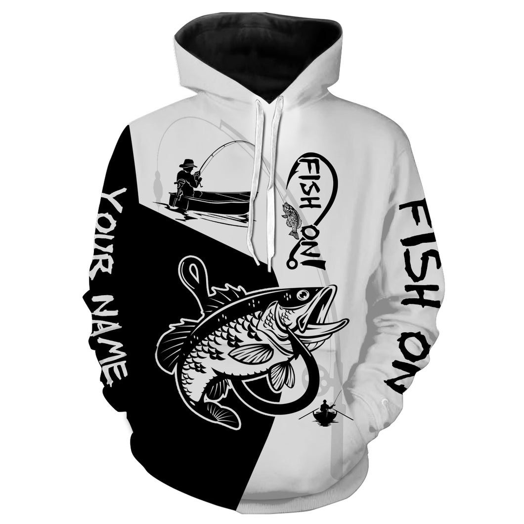 Largemouth Bass Fish On fish hook black and white shirt Customize name 3D All Over Printed fishing hoodie NPQ206