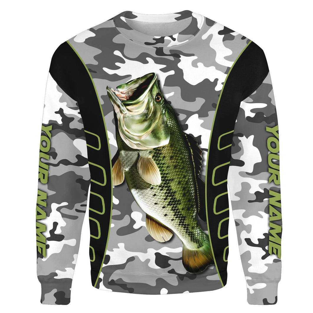 Largemouth bass fishing black and white Camo shirts Customize name All-over Print Crew Neck Sweatshirt NPQ479