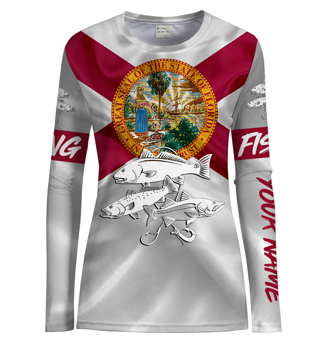 Inshore Slam Snook, Redfish, Trout Florida Flag UV protection UPF 30+ Custom name fishing shirt for women NPQ9