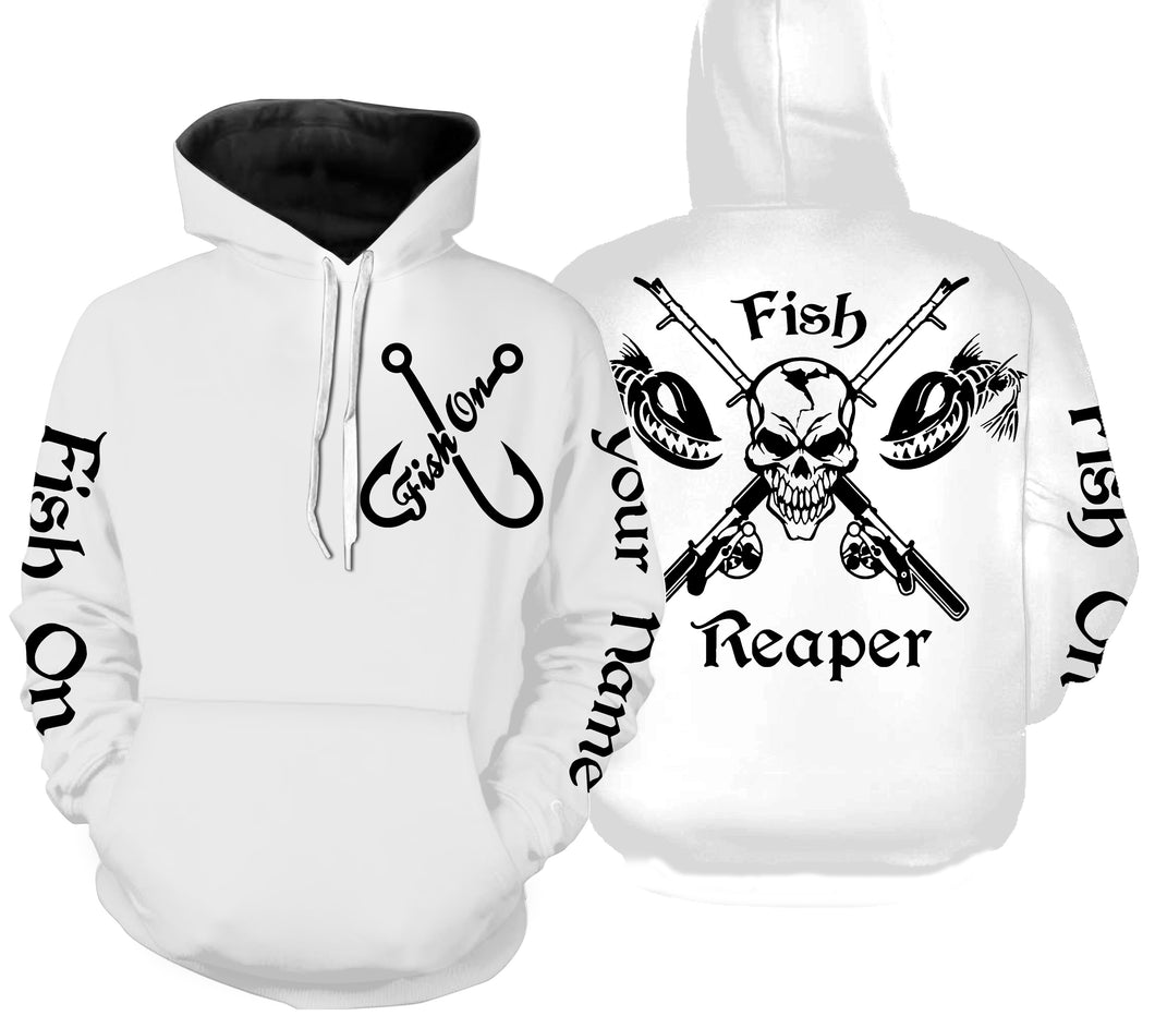 Black and white Fish Reaper fishing fish on Customize name 3D All Over Printed fishing hoodie NPQ409