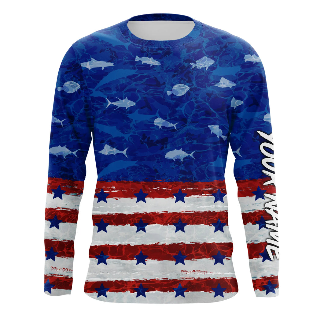 American flag patriotic saltwater fishing blue camo tournament Fishing Jerseys | Long sleeve shirt NQS5009