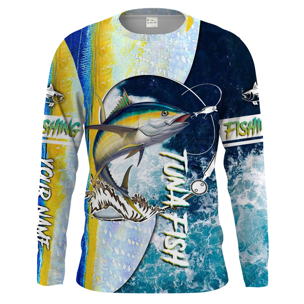 Tuna fishing Saltwater Fish ocean blue camo UV protection UPF 30+ long sleeves fishing shirt for men NPQ75