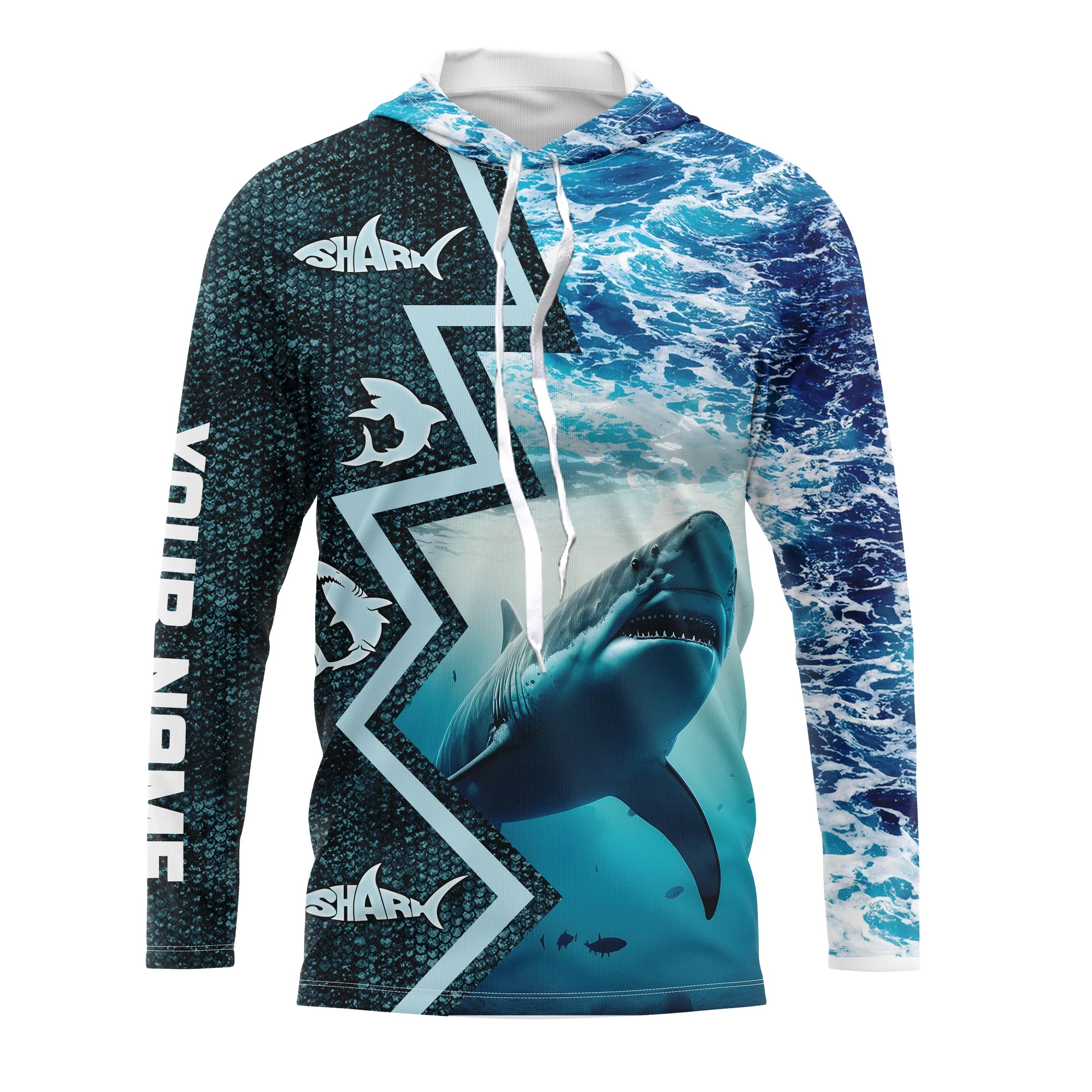 Custom blue camo sea wave camo Shark Fishing Jersey, personalized Shark tournament Fishing Long sleeve NQS5042