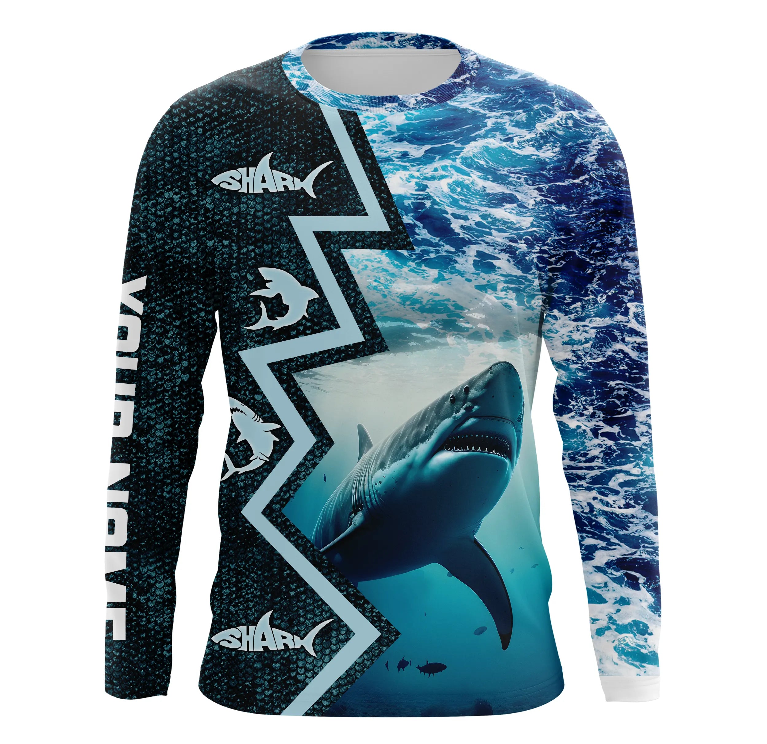 Custom blue camo sea wave camo Shark Fishing Jersey, personalized Shark tournament Fishing Long sleeve NQS5042