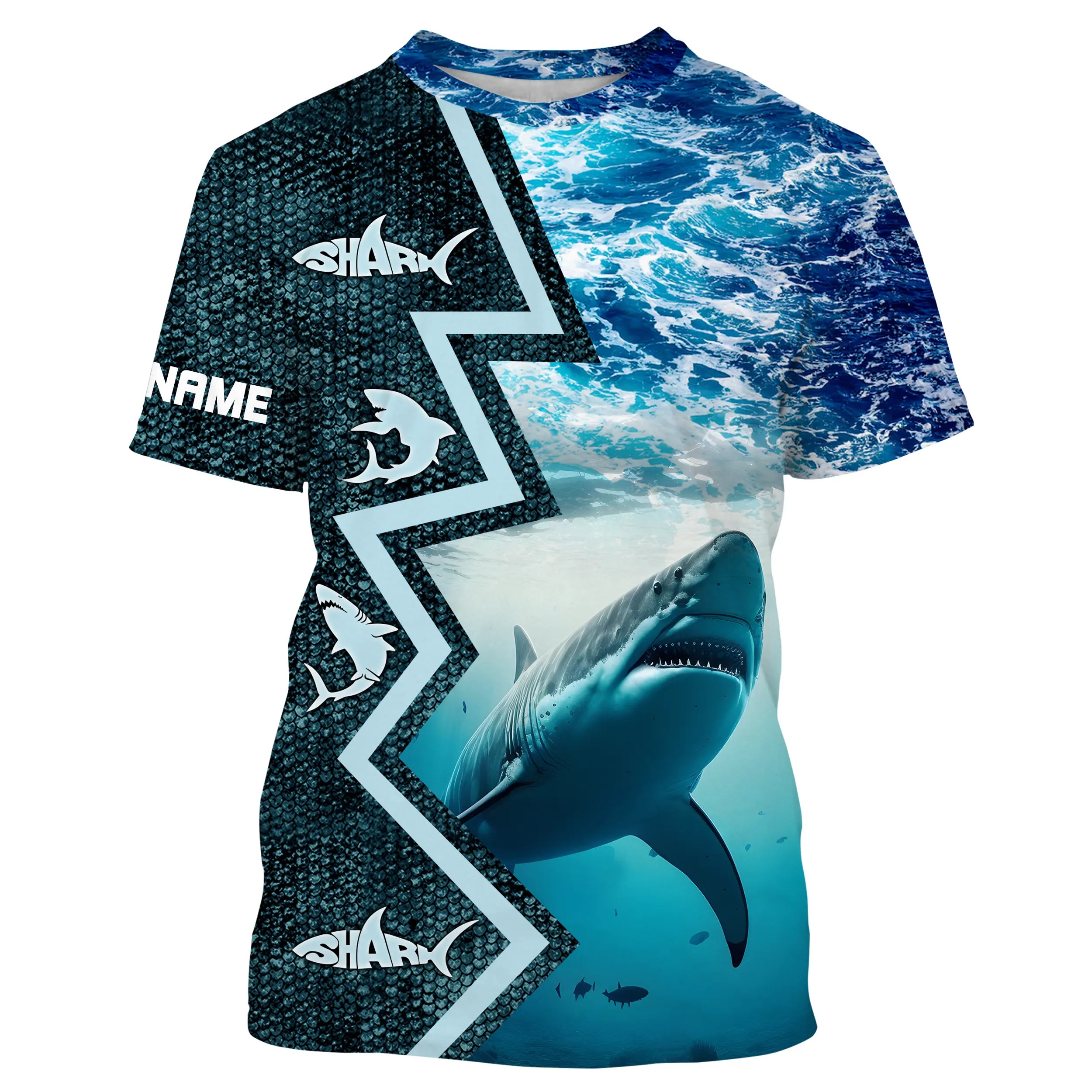 Custom blue camo sea wave camo Shark Fishing Jerseys, personalized Shark tournament Fishing T-shirt NQS5042