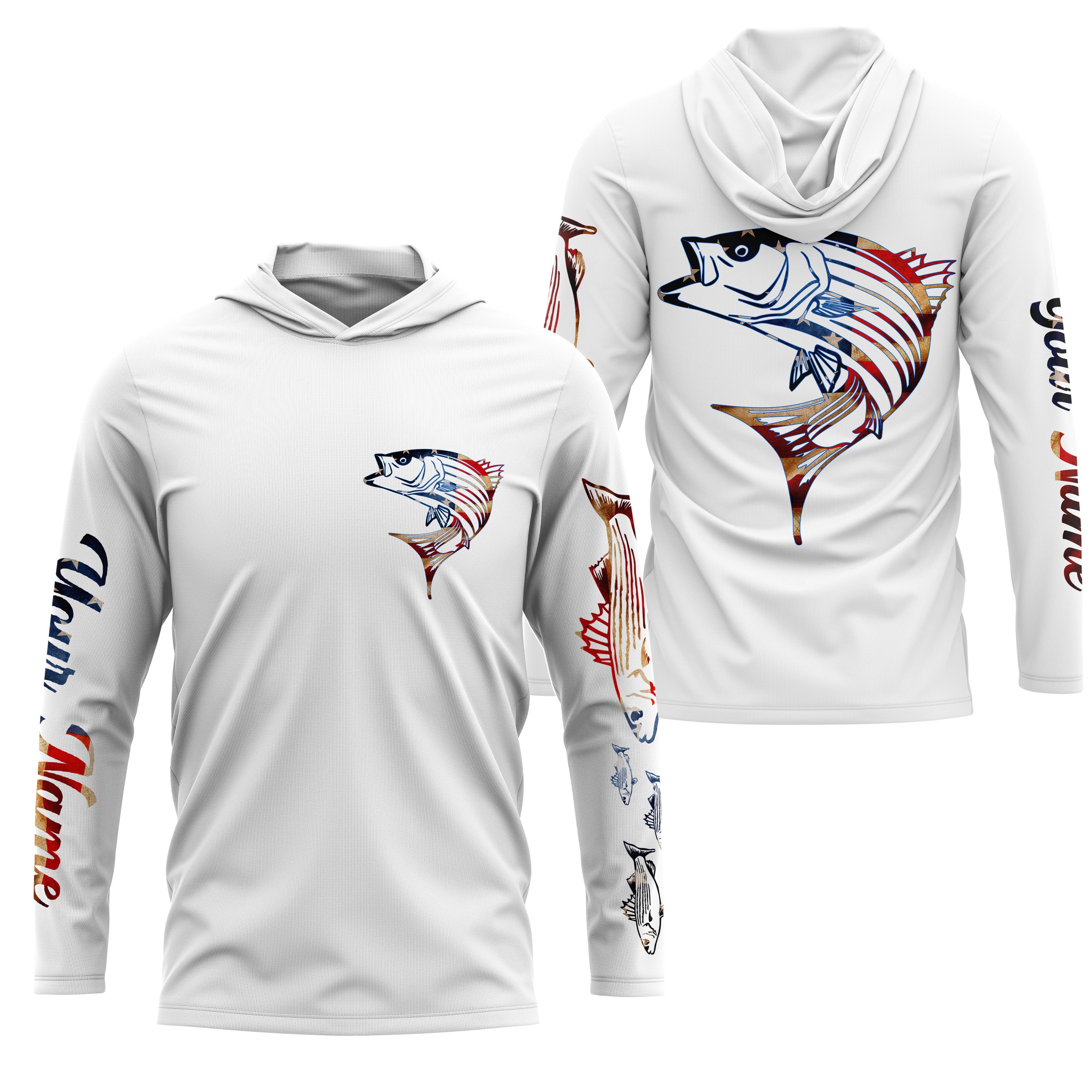 Striped Bass fishing American flag patriotic Custom Name Long sleeve, Long Sleeve Hooded NPQ676