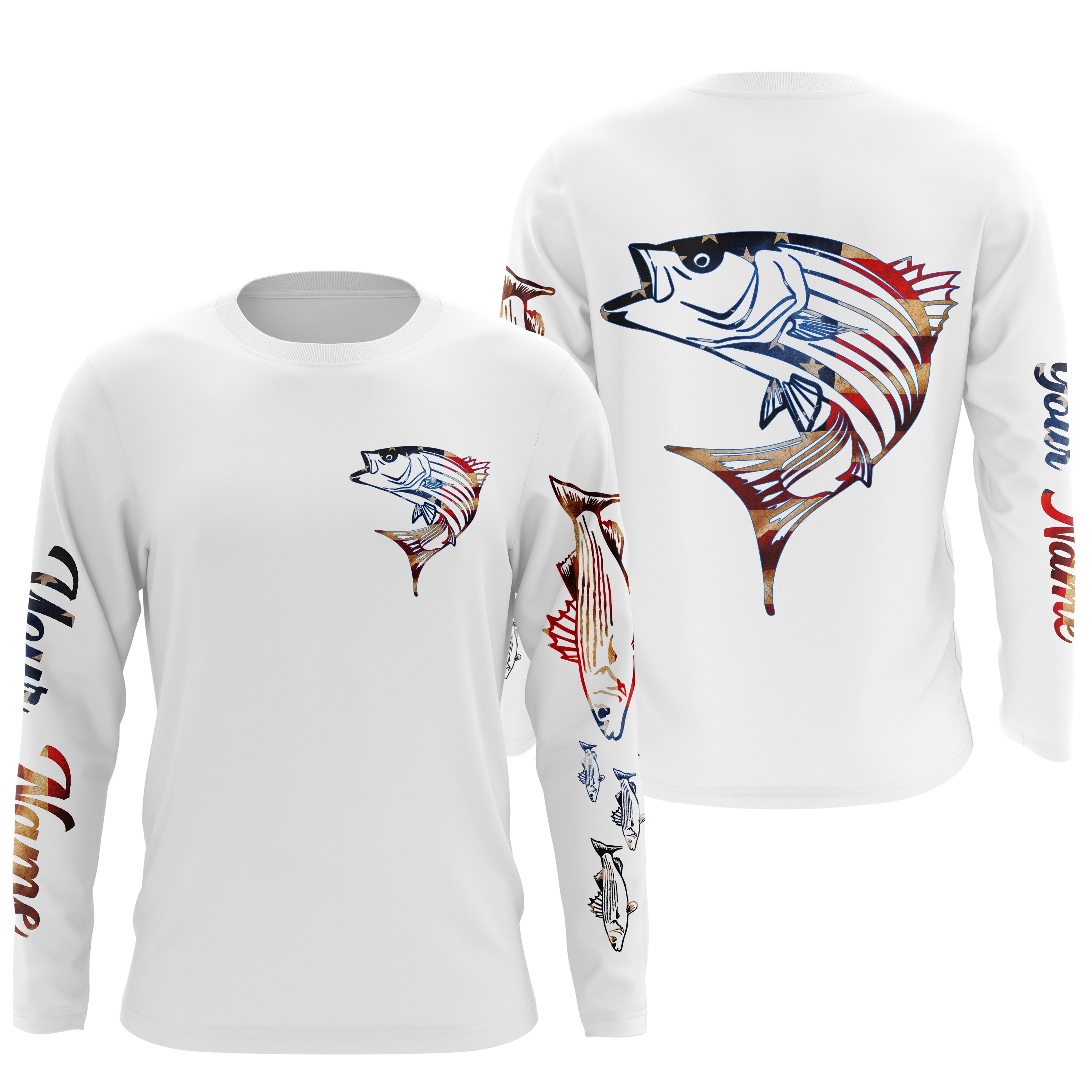 Striped Bass fishing American flag patriotic Custom Name Long sleeve, Long Sleeve Hooded NPQ676