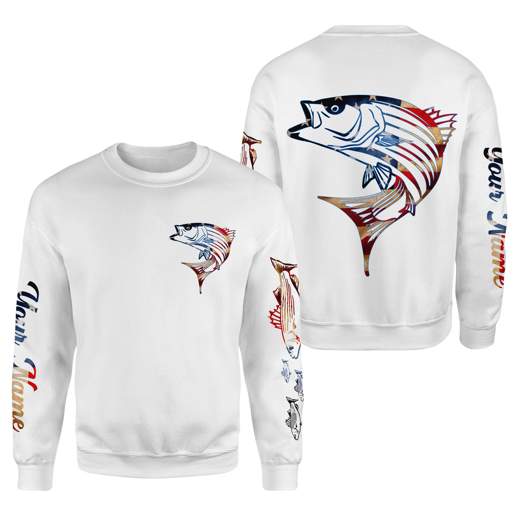 Striped Bass fishing American flag patriotic Custom Name Fishing shirts | Sweatshirt - NPQ676