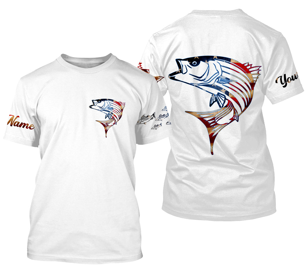 Striped Bass fishing American flag patriotic Custom Name Fishing shirts | Tshirt - NPQ676